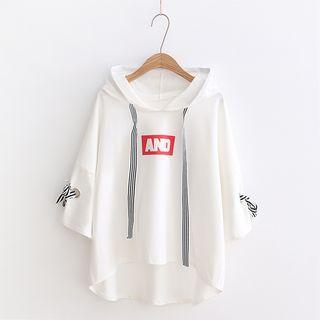 Ribbon Detail Lettering Hooded Elbow-sleeve T-shirt