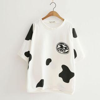 Cow Print Elbow-sleeve T-shirt