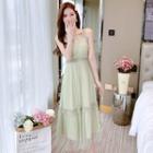 Spaghetti-strap Rhinestone Mesh A-line Dress