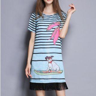 Fringe Hem Printed Short Sleeve Dress