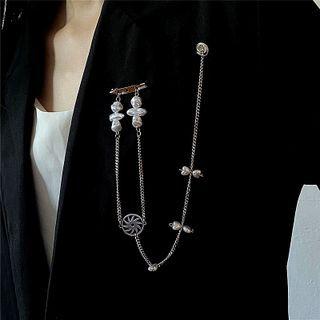 Faux Pearl Chained Alloy Brooch Silver - One Size