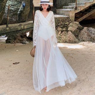 Long-sleeve Mesh A-line Maxi Dress