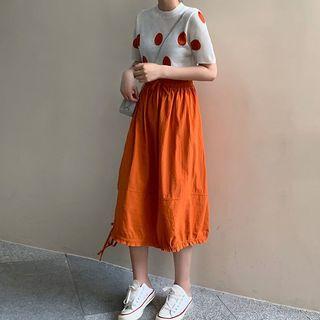 Short-sleeve Dotted Knit Top / Midi A-line Skirt