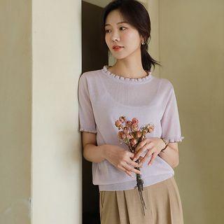 Contrast-trim Frilled Sheer Knit Top
