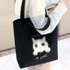 Cat Print Canvas Tote Bag Kitty Head - Black - One Size