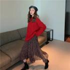 Cable Knit Sweater / Asymmetric Floral Printed Skirt