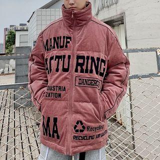 Lettering Corduroy Zip-up Hooded Down Jacket