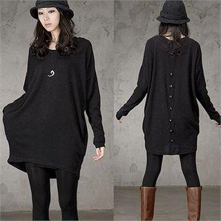 Drop-shoulder Button-back Long Knit Top