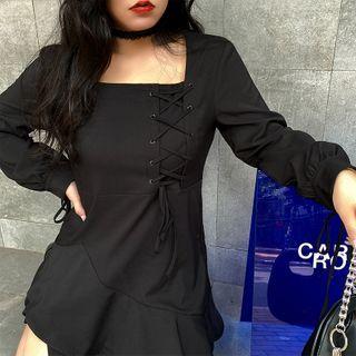 Side-slit Lace Up Long-sleeve Midi A-line Dress