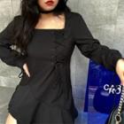 Side-slit Lace Up Long-sleeve Midi A-line Dress