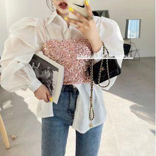 Set: Puff-sleeve Shirt + Sequined Camisole Top