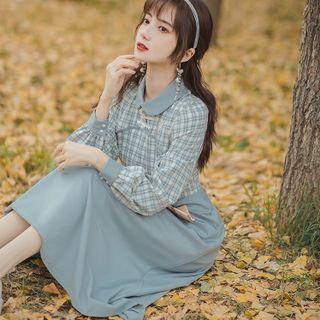 Long-sleeve Plaid Frog-button Midi A-line Shirt Dress