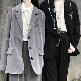 Single-breasted Blazer / Wide-leg Dress Pants / Brooch Pin / Set