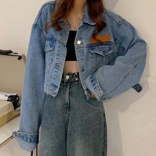 Applique Cropped Denim Jacket Blue - One Size