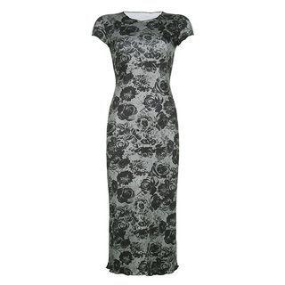 Short-sleeve Rose Print Maxi Bodycon Dress