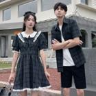 Couple Matching Short-sleeve Plaid A-line Dress / Shirt / Straight Leg Shorts