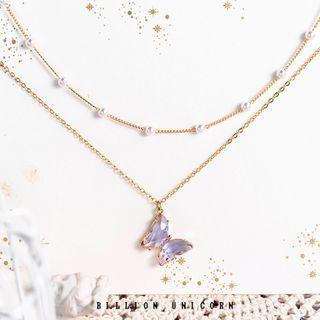 Faux Crystal Butterfly Faux Pearl Layered Choker Gold Plating - Purple Butterfly - Gold - One Size