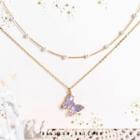 Faux Crystal Butterfly Faux Pearl Layered Choker Gold Plating - Purple Butterfly - Gold - One Size