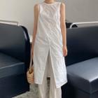 Plain Slit Ruched Sleeveless Dress White - One Size