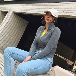 Stand-collar Rib-knit Zip-up Jacket