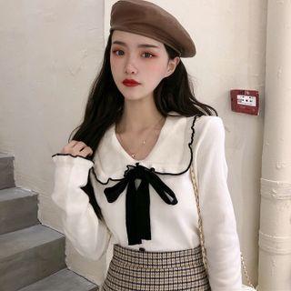 Long-sleeve Wide-collar Bow Knit Top
