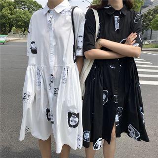 Elbow-sleeve Print Midi Shirt Dress