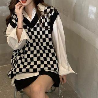 Plain Shirt / Checked Knit Vest