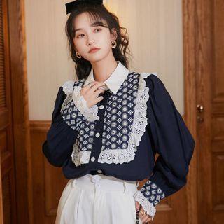 Eyelet Trim Patterned Blouse
