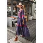 3/4-sleeve Embroidered-panel Long Dress