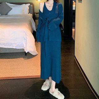 Cardigan / Spaghetti Strap Midi A-line Knit Dress