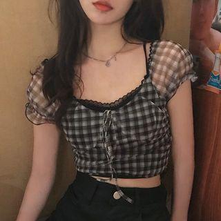 Cap-sleeve Sheer Top Plaid - Black & White - One Size