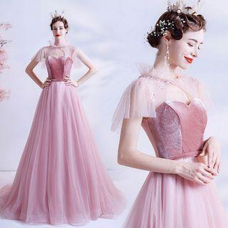 Short-sleeve Velvet Panel Mesh A-line Evening Gown