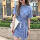 Short-sleeve Sashed T-shirt Dress Blue - One Size