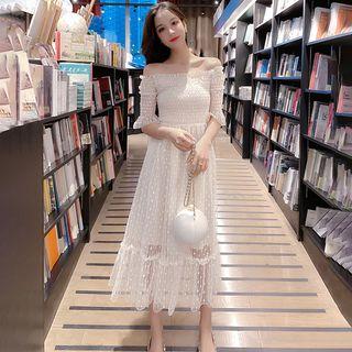 Off-shoulder Midi Lace A-line Dress