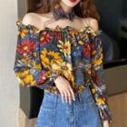 Floral Off-shoulder Long-sleeve Blouse With Collar As Shown In Figure - One Size