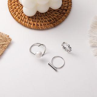 Set: Faux Pearl Open Ring + Bar Ring + Chain Strap Silver - One Size