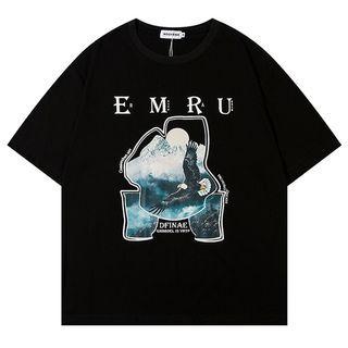 Short-sleeve Lettering Eagle Print T-shirt
