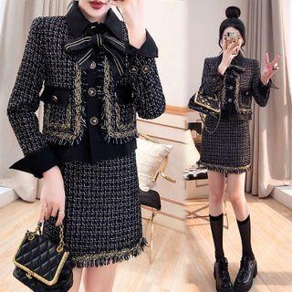 Set: Tie-neck Fringe Trim Button-up Jacket + Mini Pencil Skirt