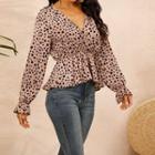 Bell-sleeve Leopard Print Peplum Blouse