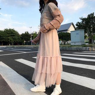 Two-tone Sweater / Sheer Midi Tiered Skirt