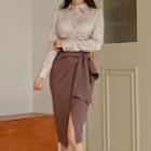 Set: Long-sleeve Shirt + Front-knit Fitted Skirt