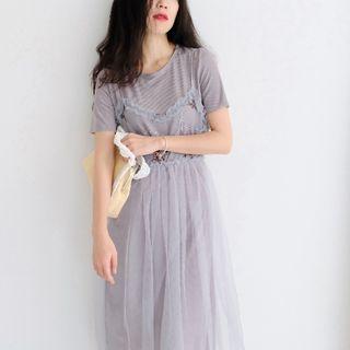Set: Short-sleeve Knit Dress + Embroidered Mesh Strappy Dress