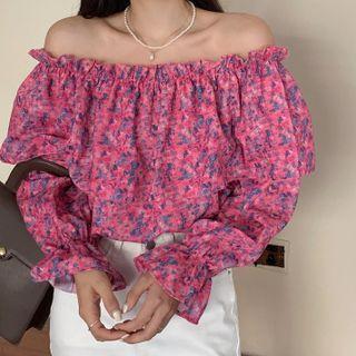 Long-sleeve Off-shoulder Floral Print Top Floral - Pink - One Size
