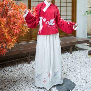 Crane Embroidered Long-sleeve Wrap Top / Maxi A-line Skirt