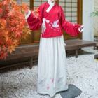 Crane Embroidered Long-sleeve Wrap Top / Maxi A-line Skirt