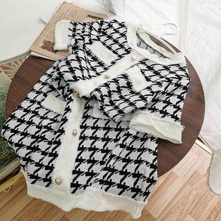 Short-sleeve Buttoned Knit Houndstooth A-line Dress As Shown In Figure - One Size