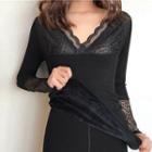 Long-sleeve V-neck Lace Panel Top Black - One Size
