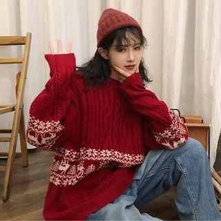 Reindeer Print Cable Knit Sweater