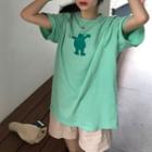 Elbow-sleeve Bear Print T-shirt / Cropped T-shirt