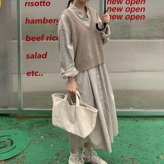V-neck Knit Vest / Plain Long-sleeve Maxi Shirt Dress